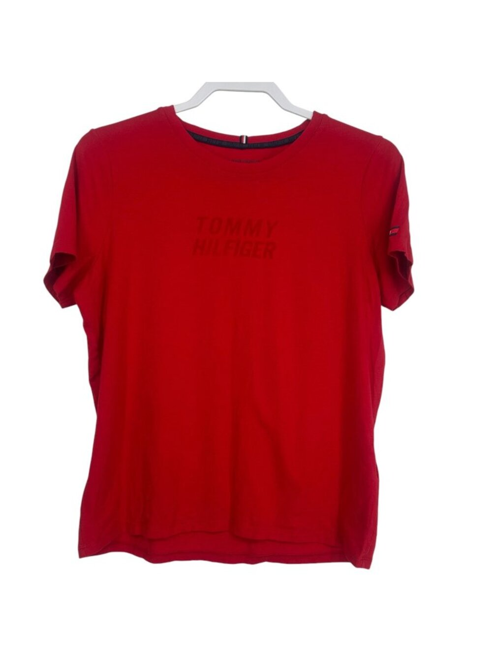 Tommy Hilfiger Sport Shirt Large Red Tonal Chest Logo Flag Stretch Tee Preppy